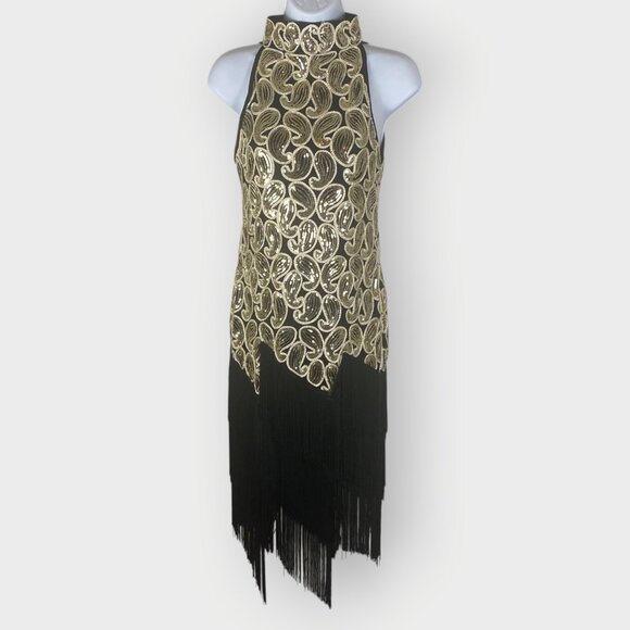 Roaring 20s Flapper Gatsby Costume Dress | Black Gold Sequins Embroidered Fringe - Picture 1 of 9